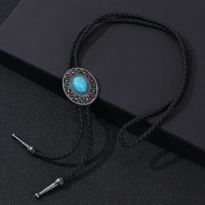 FGSS Vintage Turquoise Bolo Tie For Men - Western Cowboy Colored Oval Bola Necktie Retro Leather Necklace for Men Women - Image 2